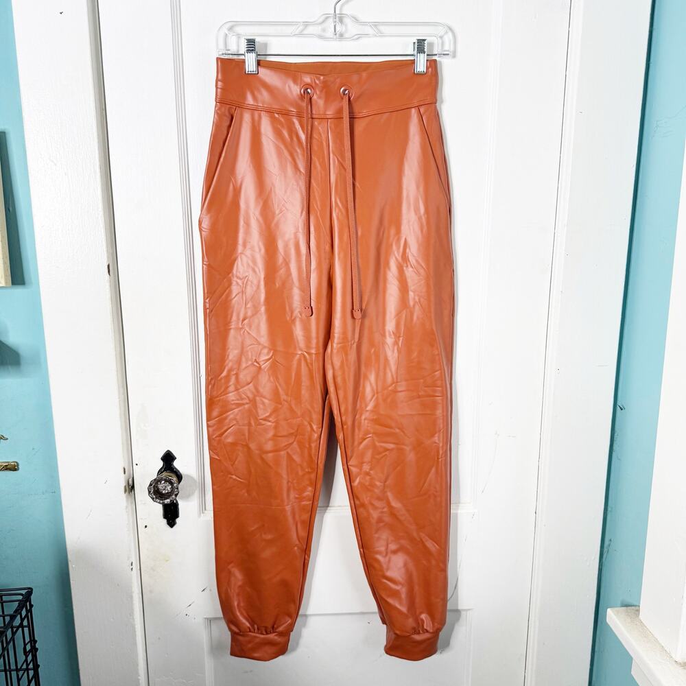 Noli Orange Faux Leather Pants Slim Tapered Leg Pull On Drawstring Waist Small S